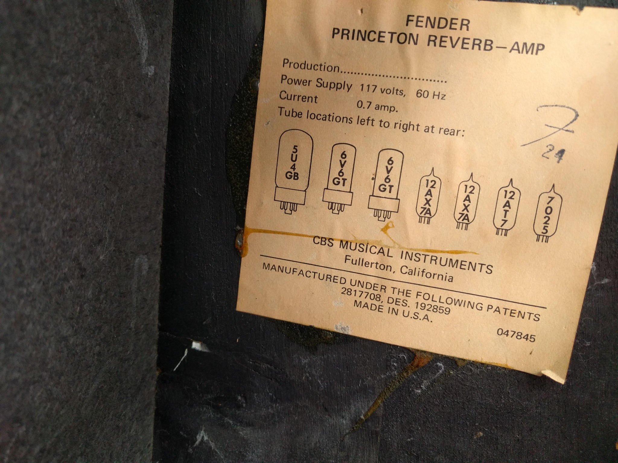Original Fender Princeton Reverb tube chart
